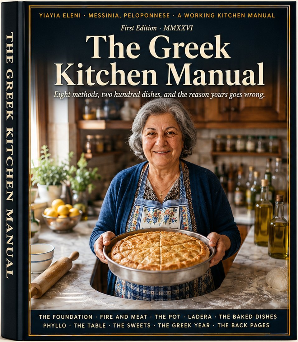 The Greek Kitchen Manual, hardcover first edition, showing Eleni holding a tray of freshly baked pie.
