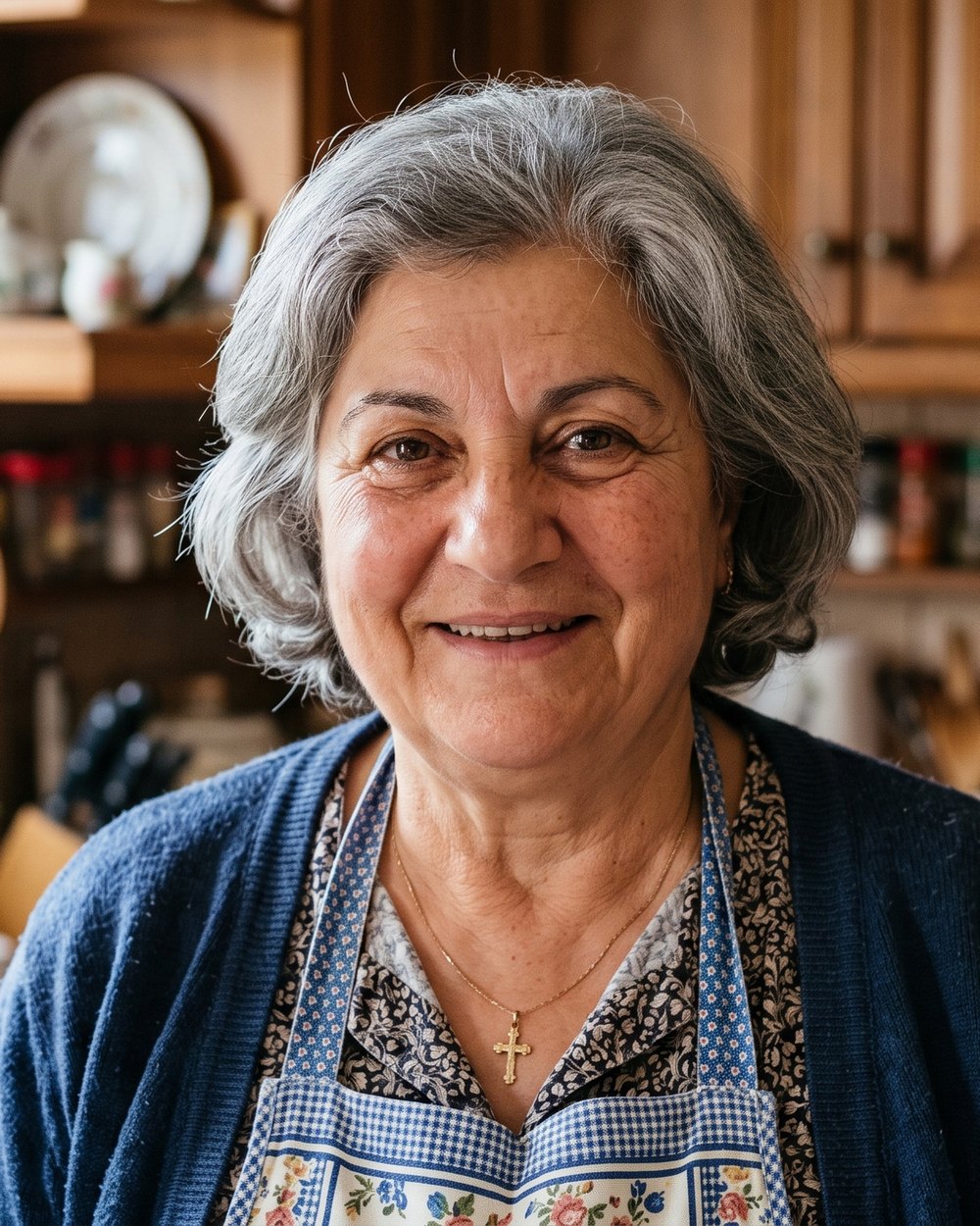 Eleni Stavrou in her kitchen in Messinia, wearing a blue cardigan and a flowered apron.